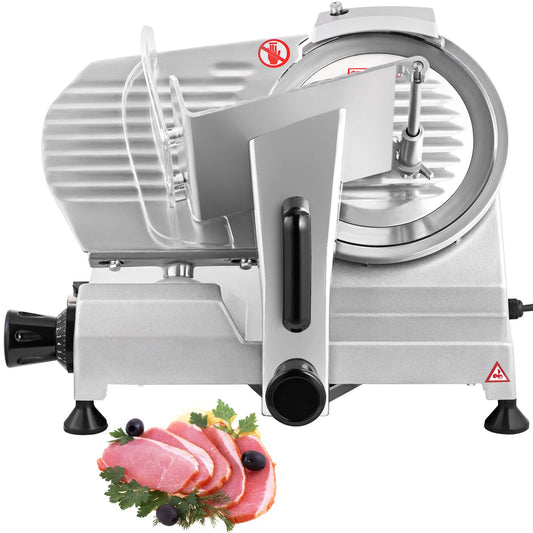 Electric meat slicer with an 8-inch carbon steel blade, adjustable thickness, suitable for deli meats and cheeses.