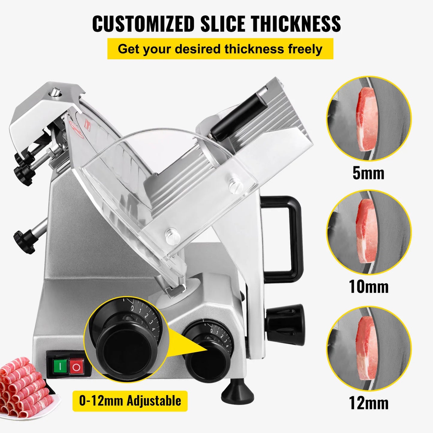 SucceBuy electric meat slicer with 8-inch carbon steel blade, adjustable thickness, ideal for deli, home, and commercial food slicing.