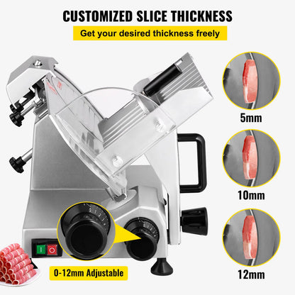 SucceBuy electric meat slicer with 8-inch carbon steel blade, adjustable thickness, ideal for deli, home, and commercial food slicing.