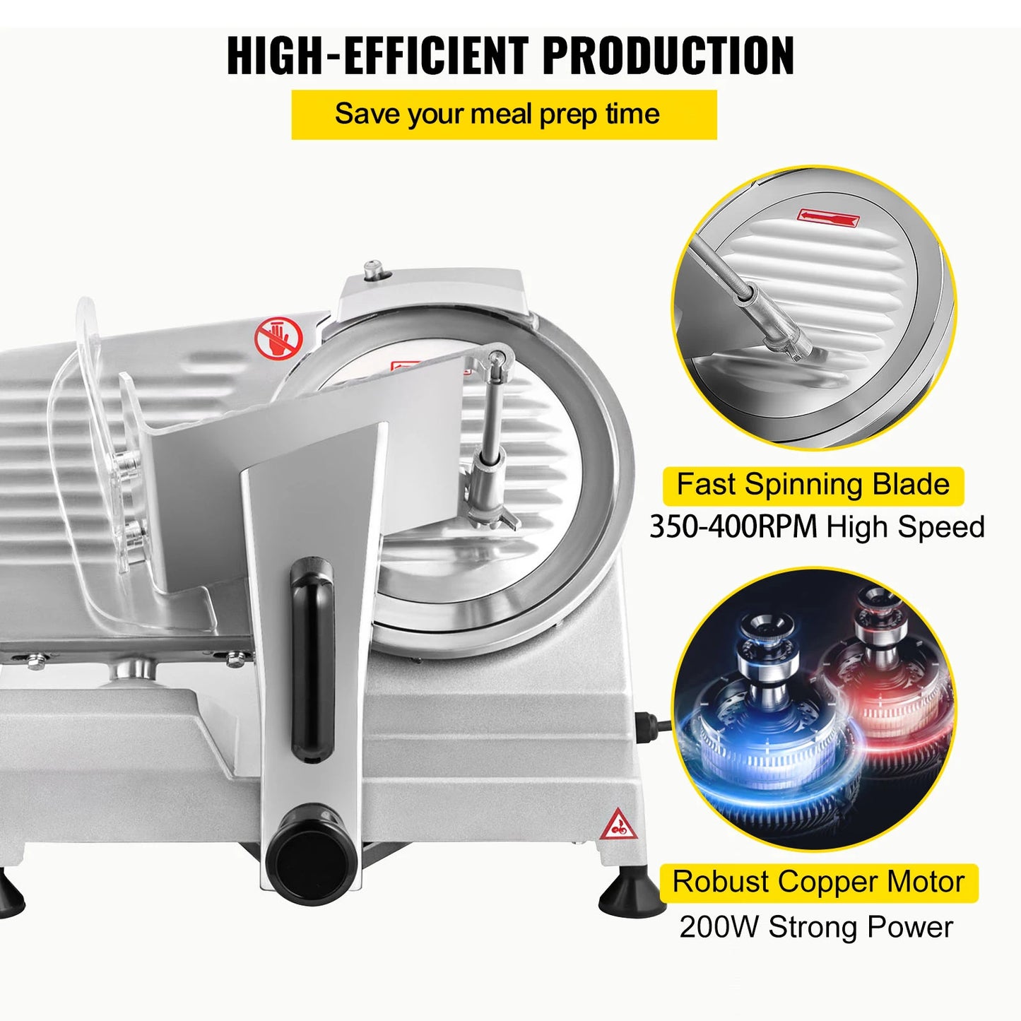 SucceBuy Meat Slicer with 8/10-inch carbon steel blade, electric, adjustable thickness for deli, meat, and cheese slicing.