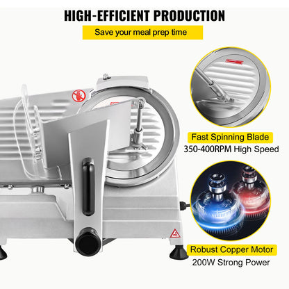 SucceBuy Meat Slicer with 8/10-inch carbon steel blade, electric, adjustable thickness for deli, meat, and cheese slicing.