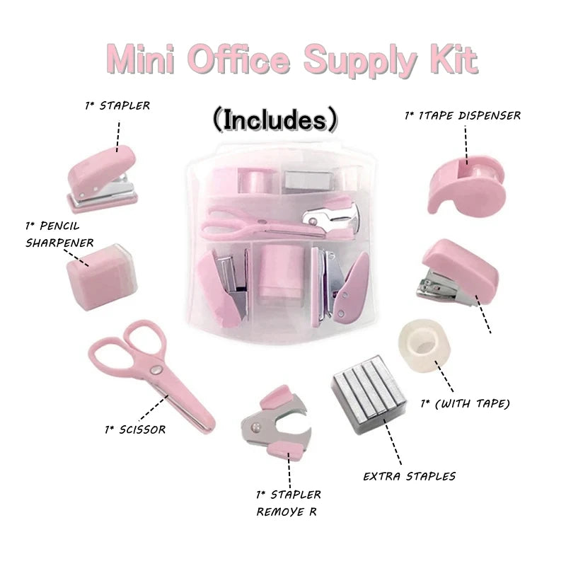 Pink 8-piece mini office supply kit from BackupMyFilesNow.com includes mini stapler, scissors, staple remover, staples, tape dispenser, and toolbox.