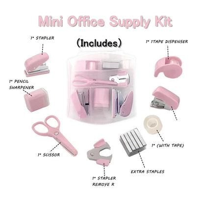 Pink 8-piece mini office supply kit from BackupMyFilesNow.com includes mini stapler, scissors, staple remover, staples, tape dispenser, and toolbox.