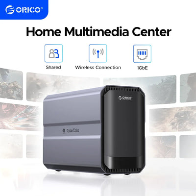 Orico CyberData 2-bay NAS home storage system with WD Red HDD, Type-C connection, data encryption, and remote access.