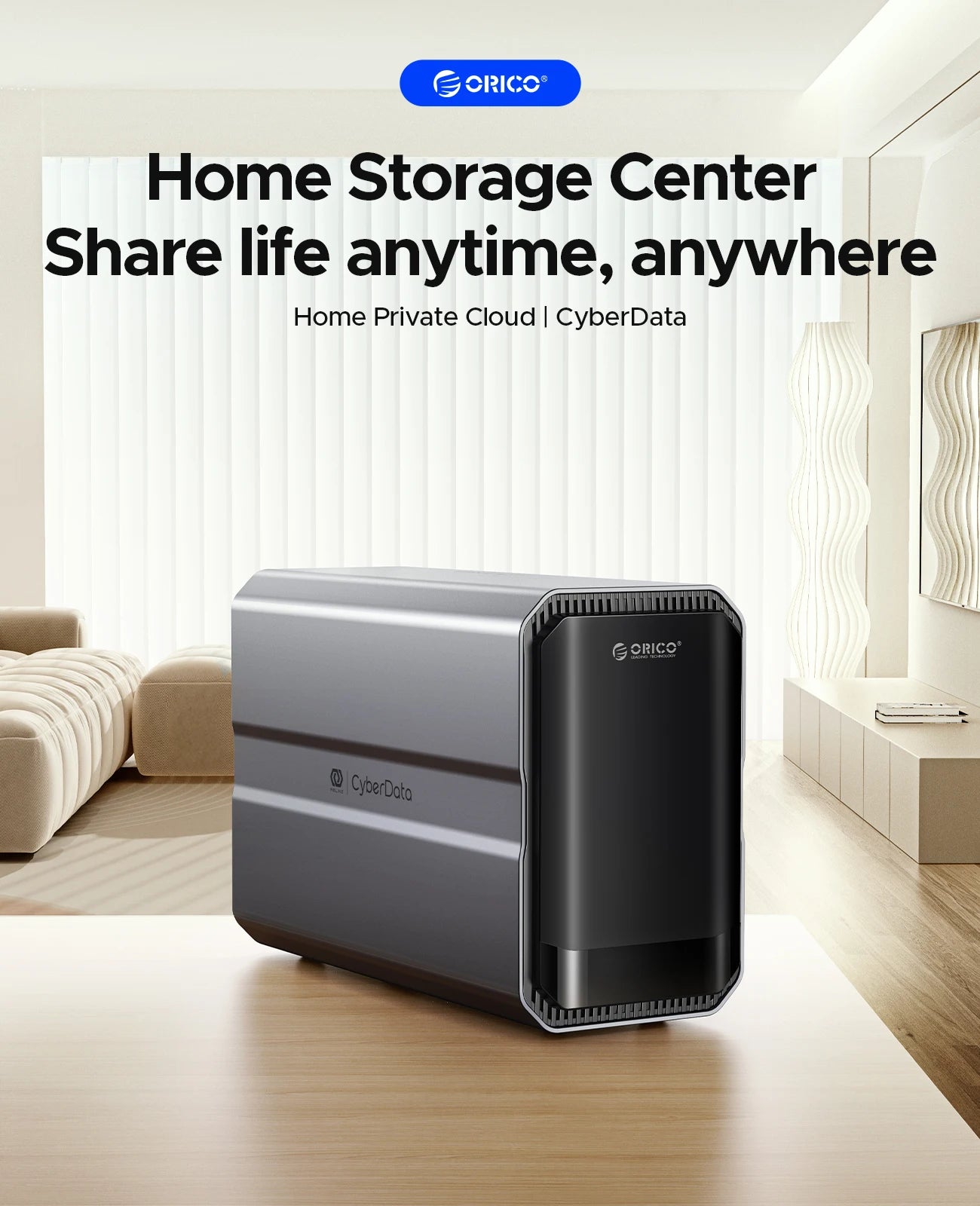 ORICO CyberData 2-bay Type-C NAS storage with WD Red HDD, multimedia center, data encryption, remote access, and EU plug design
