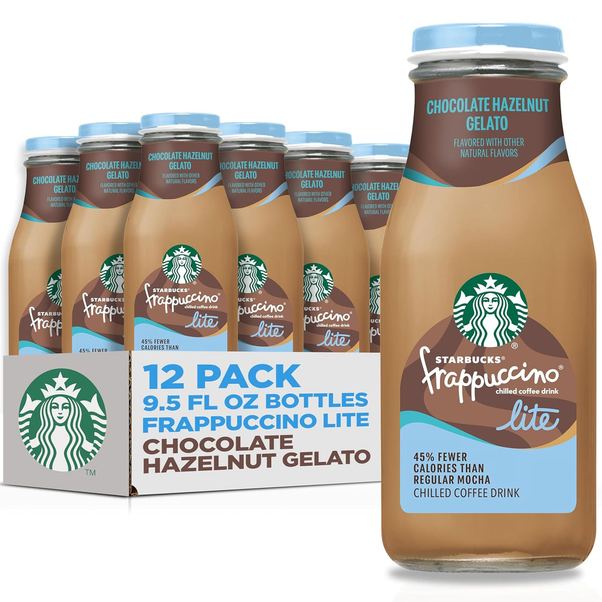 Pack of 12 Starbucks Frappuccino Lite bottles with creamy vanilla gelato flavor, 9.5 fl oz each, lower calorie, natural flavor drinks.