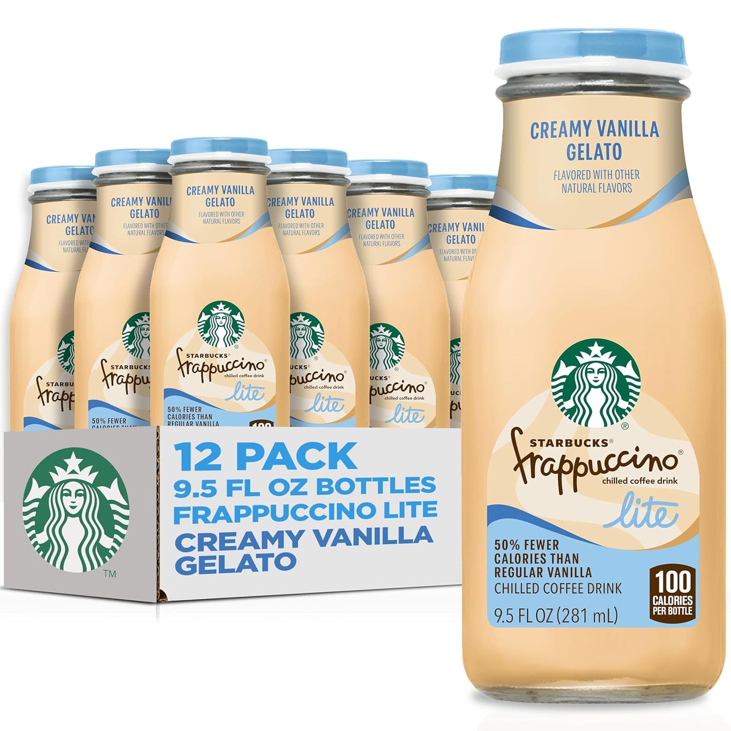 Pack of 12 Starbucks Frappuccino Lite Bottles featuring creamy vanilla gelato flavor, 9.5 fl oz each, fewer calories, natural ingredients.