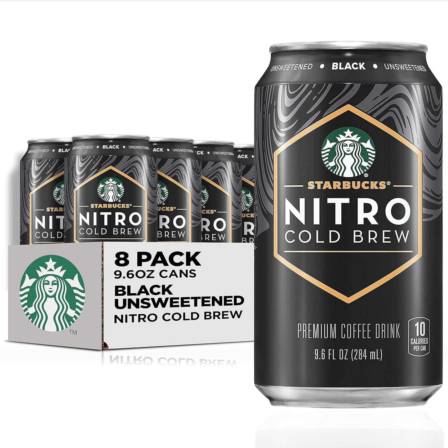 Eight 9.6 fl oz cans of Starbucks Nitro Cold Brew with Vanilla Sweet Cream, black cans with branding and product label.