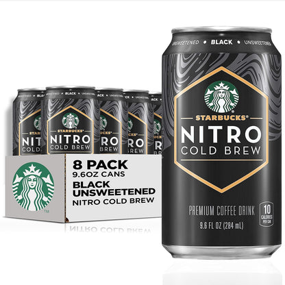 Eight 9.6 fl oz cans of Starbucks Nitro Cold Brew with Vanilla Sweet Cream, black cans with branding and product label.