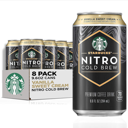 Eight cans of Starbucks Nitro Cold Brew with Vanilla Sweet Cream, 9.6 fl oz each, in black cans, arranged in a pack.