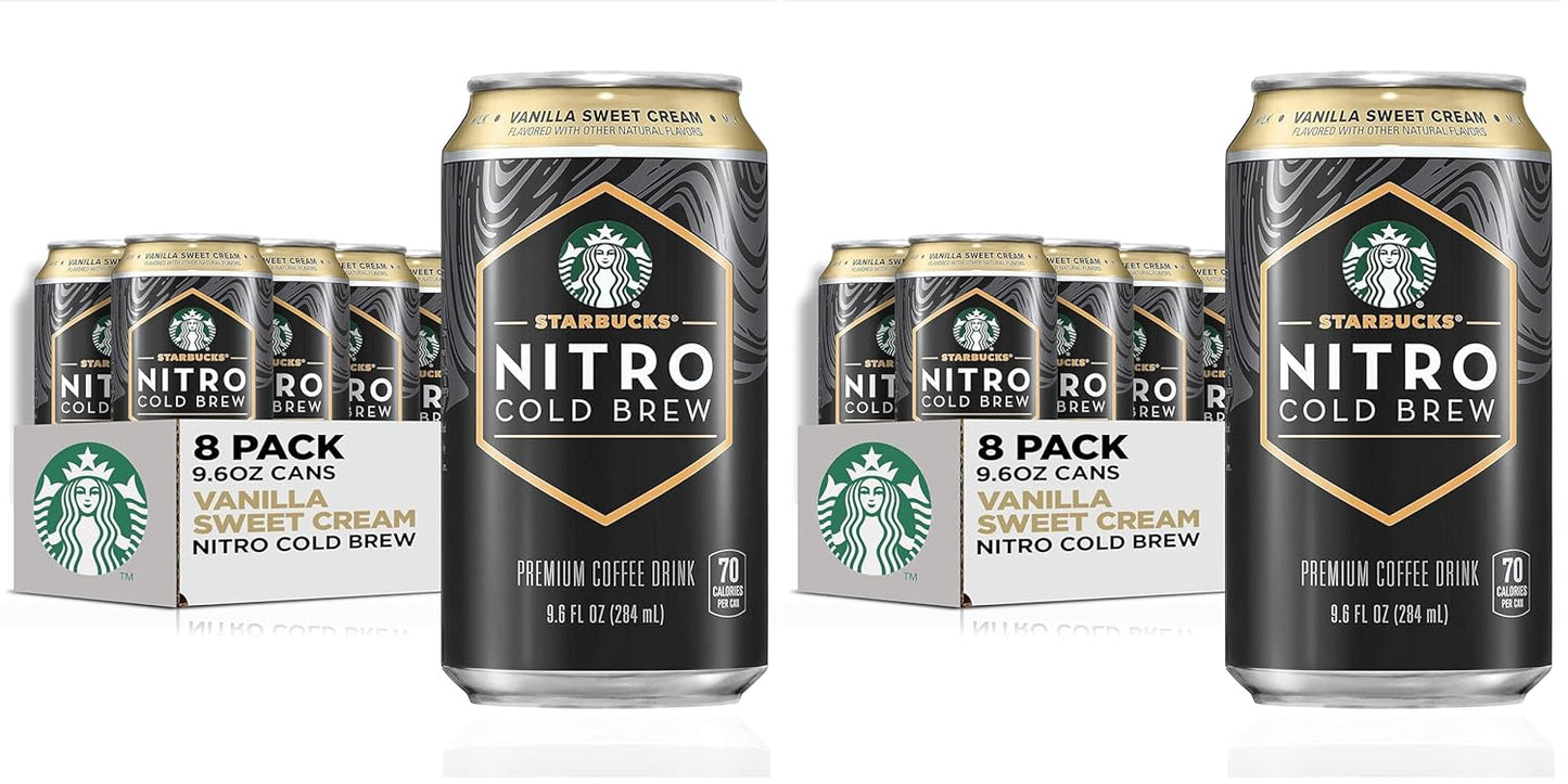 Eight cans of Starbucks Nitro Cold Brew with Vanilla Sweet Cream, 9.6 fl oz each, displayed in a pack.