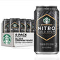 Eight 9.6 fl oz cans of Starbucks unsweetened RTD Nitro Cold Brew coffee, black and ready to drink, stacked in a pack.