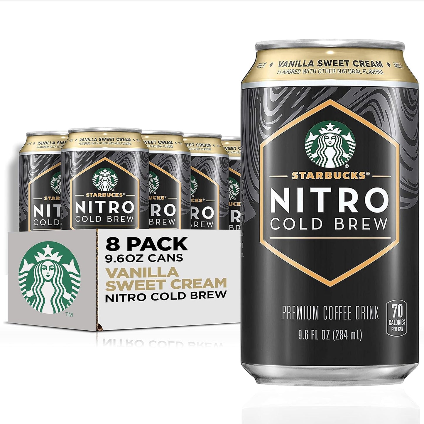 Eight 9.6 fl oz cans of Starbucks unsweetened Nitro Cold Brew coffee, black, ready-to-drink iced cold brew coffee beverage.