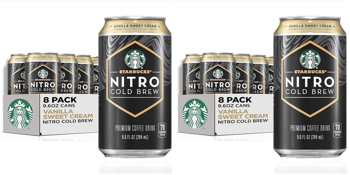 Eight cans of Starbucks Nitro Cold Brew Black Unsweetened RTD coffee in 9.6 fl oz cans, ready for iced coffee or cold brew.