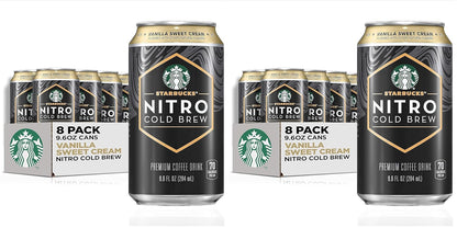 Eight cans of Starbucks Nitro Cold Brew Black Unsweetened RTD coffee in 9.6 fl oz cans, ready for iced coffee or cold brew.