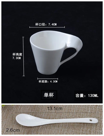 White ceramic wavy espresso cup, modern design, perfect for breakfast or dessert, ideal for couples or home decor.