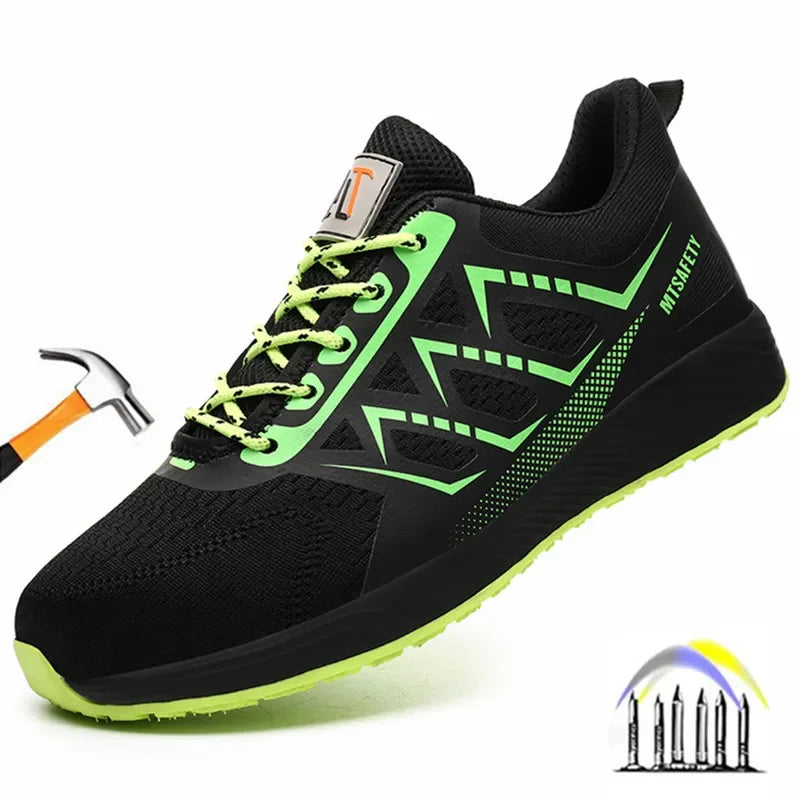 Green steel toe sneakers for men, ultra-light construction safety shoes with anti-puncture protection and breathable design.