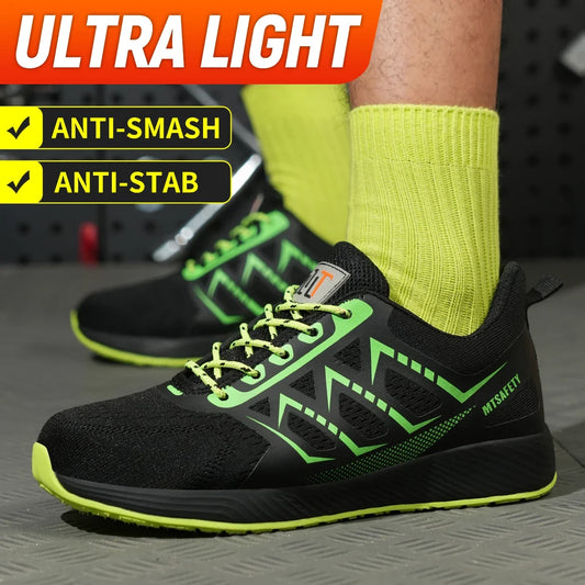 Green steel toe sneakers for men, ultra-light construction safety shoes with anti-puncture sole and breathable design.
