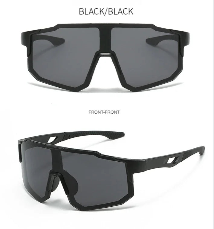 Blue and black cycling sunglasses with wraparound design, UV400 protection, ideal for outdoor MTB and sports cycling for men and women.