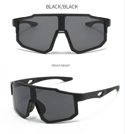 Blue and black cycling sunglasses with wraparound design, UV400 protection, ideal for outdoor MTB and sports cycling for men and women.
