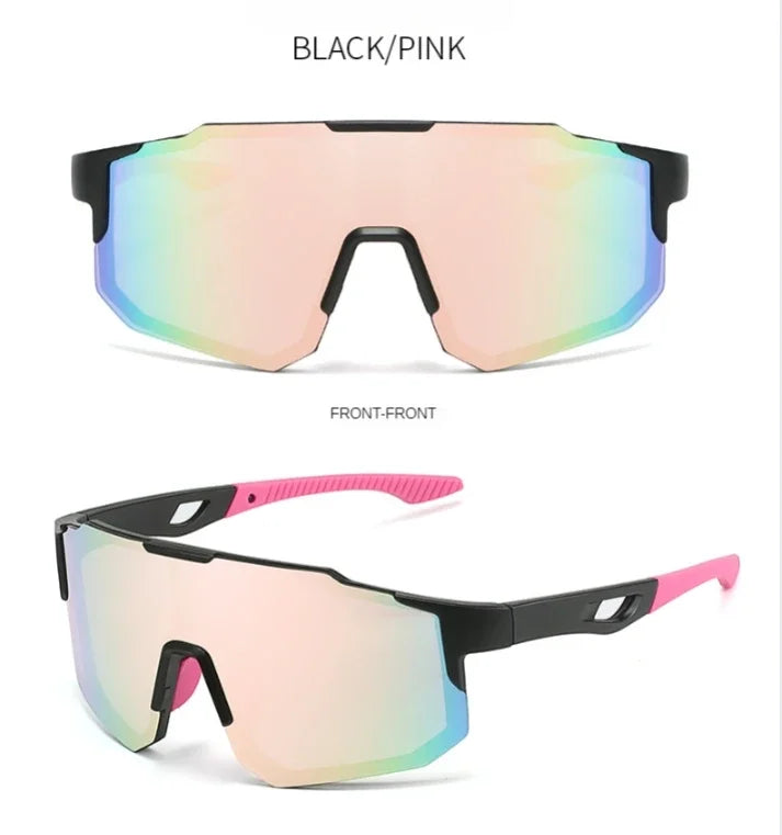 Blue and black cycling sunglasses with UV400 protection, sports design, lightweight frame, suitable for men and women outdoor biking.