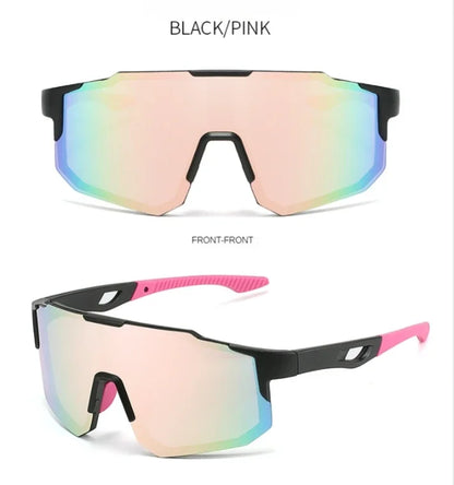 Blue and black cycling sunglasses with UV400 protection, sports design, lightweight frame, suitable for men and women outdoor biking.
