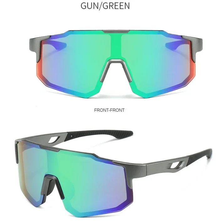 Blue and black cycling sunglasses with wrap-around design, UV400 protection, suitable for men and women outdoor MTB bike riding.