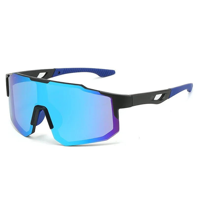 Blue and black cycling sunglasses with UV400 protection, sporty design, wrapping frame, suitable for men and women outdoor biking.