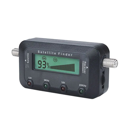 HD digital satellite finder meter from BACKUPMYFILESNOW.COM® for satellite TV receivers, showing a handheld device with display and controls.
