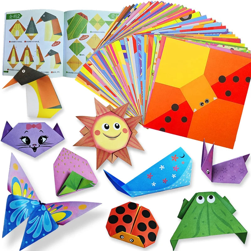 Origami kit with 96 colorful origami paper sheets and guiding book for DIY art craft projects, suitable for beginners and kids.