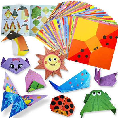 Origami kit with 96 colorful origami paper sheets and guiding book for DIY art craft projects, suitable for beginners and kids.