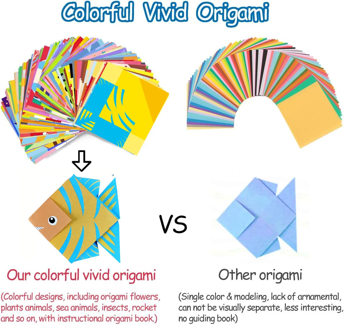 Colorful origami paper set with 96 sheets and a guiding book, ideal for kids and beginners in origami craft projects.
