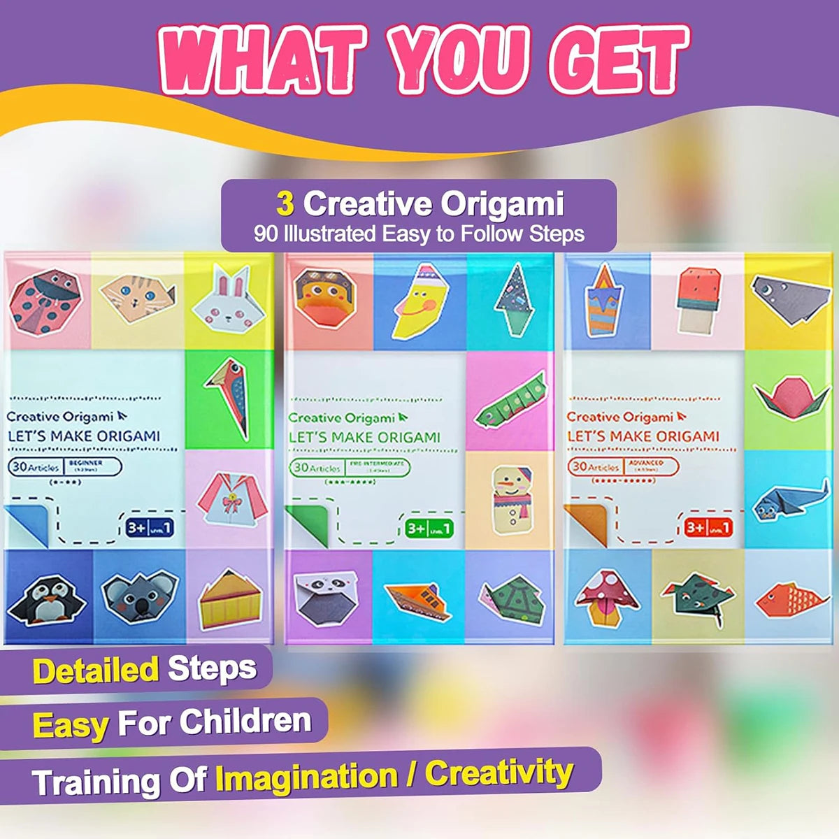 Colorful origami paper sheets with guiding book for kids and beginners, ideal for DIY art and craft projects.