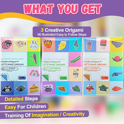 Colorful origami paper sheets with guiding book for kids and beginners, ideal for DIY art and craft projects.