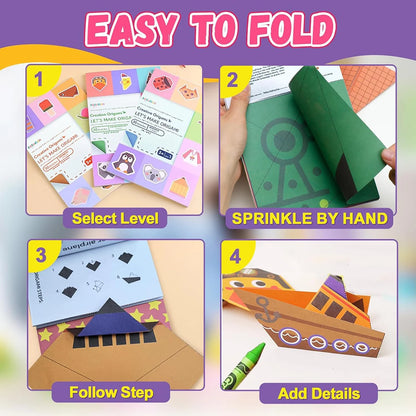 Origami kit with 96 sheets of colorful paper and guiding book for DIY art craft projects, suitable for children and beginners.