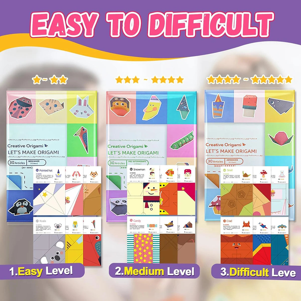Origami kit with 96 sheets of colorful origami paper, guiding book, for kids and beginners to create paper craft art projects.