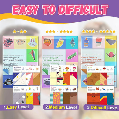 Origami kit with 96 sheets of colorful origami paper, guiding book, for kids and beginners to create paper craft art projects.