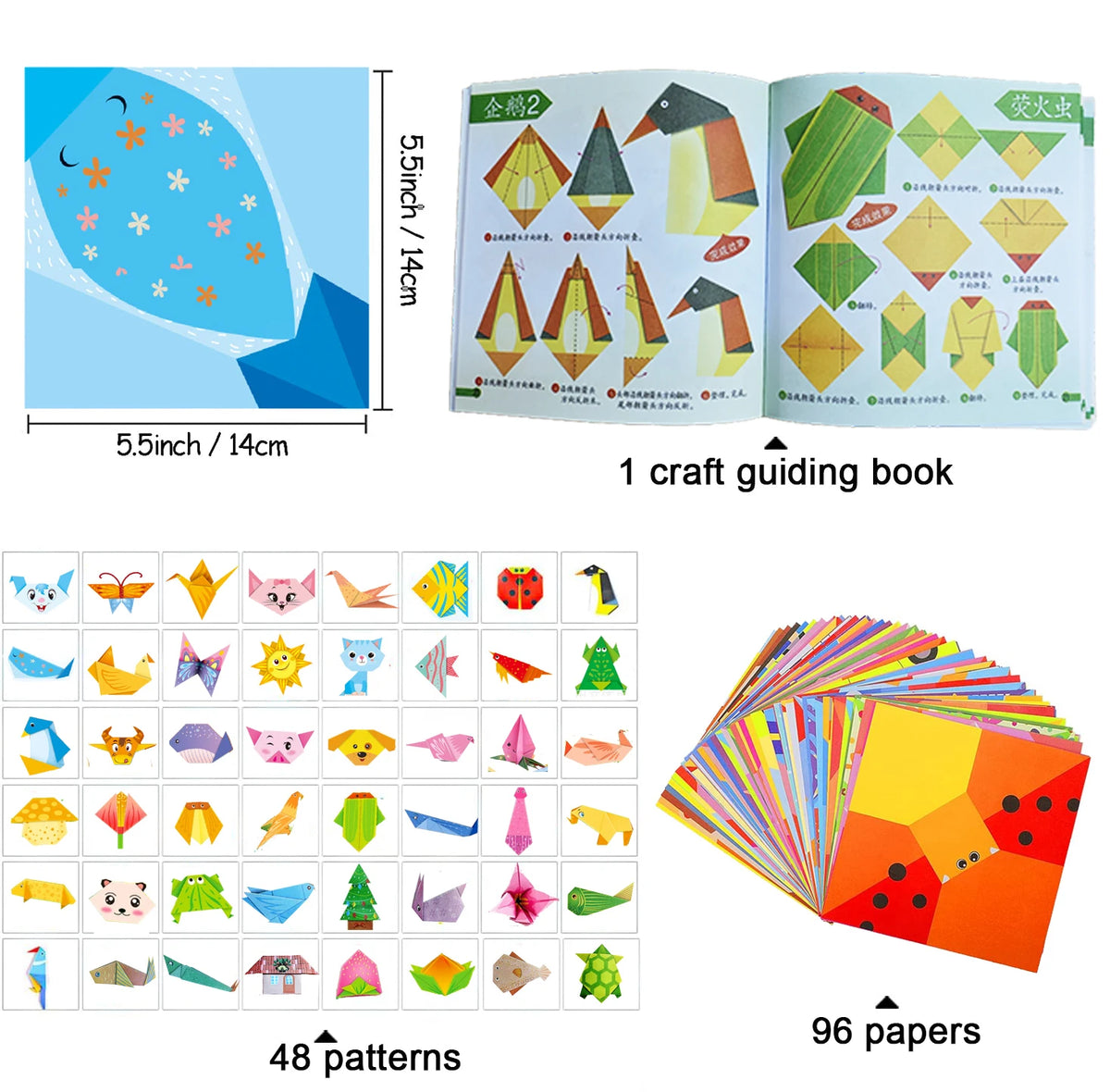 Colorful origami paper sheets and instruction book from BackupMyFilesNow.com, ideal for kids and beginners' paper craft projects.