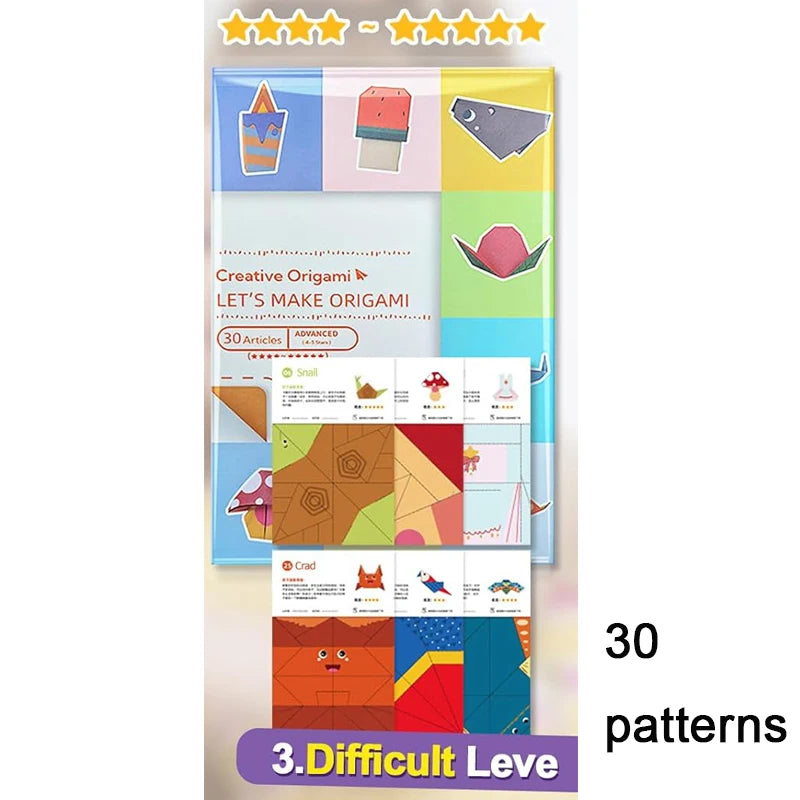 Colorful origami paper kit with 96 sheets and a guiding book for kids and beginners to create arts and craft projects.