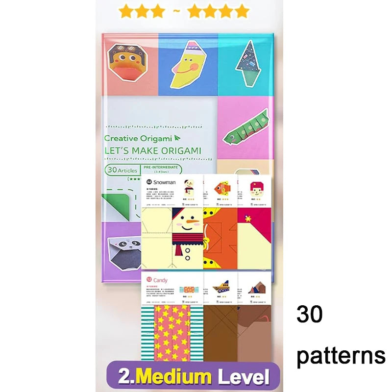 Origami kit with 96 sheets of colorful origami paper and a guiding book for kids and beginners in craft projects.