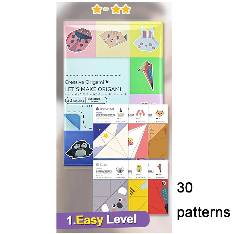 Origami kit with 96 sheets of colorful origami paper and guiding book, suitable for beginners, children, and kids' craft projects.