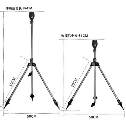 Stainless steel 360 rotary lawn sprinkler on telescopic tripod support, ideal for garden irrigation.