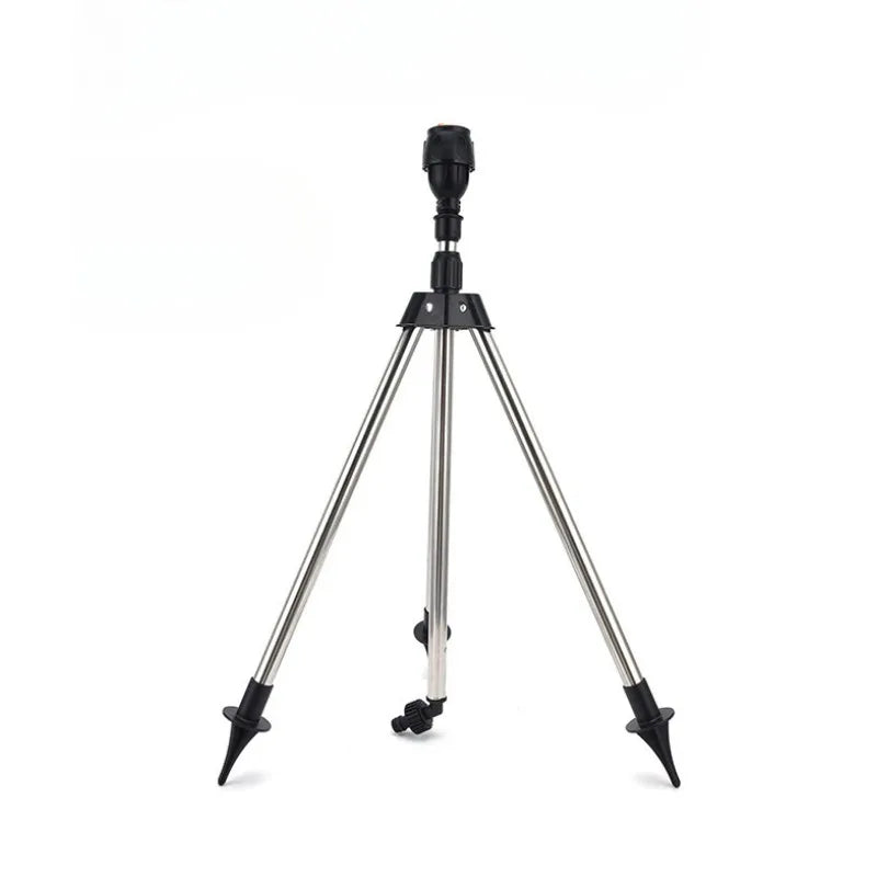 Stainless steel tripod lawn sprinkler with 360-degree rotary irrigation head and telescopic support for garden watering.
