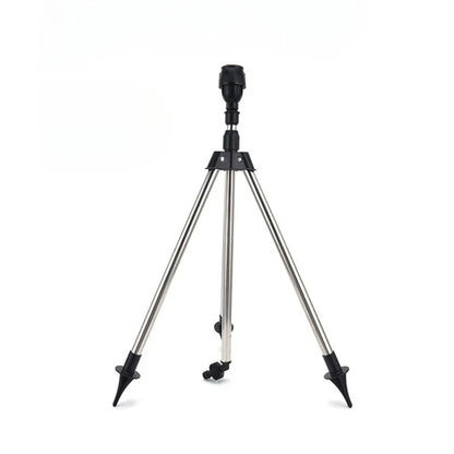Stainless steel tripod lawn sprinkler with 360-degree rotary irrigation head and telescopic support for garden watering.