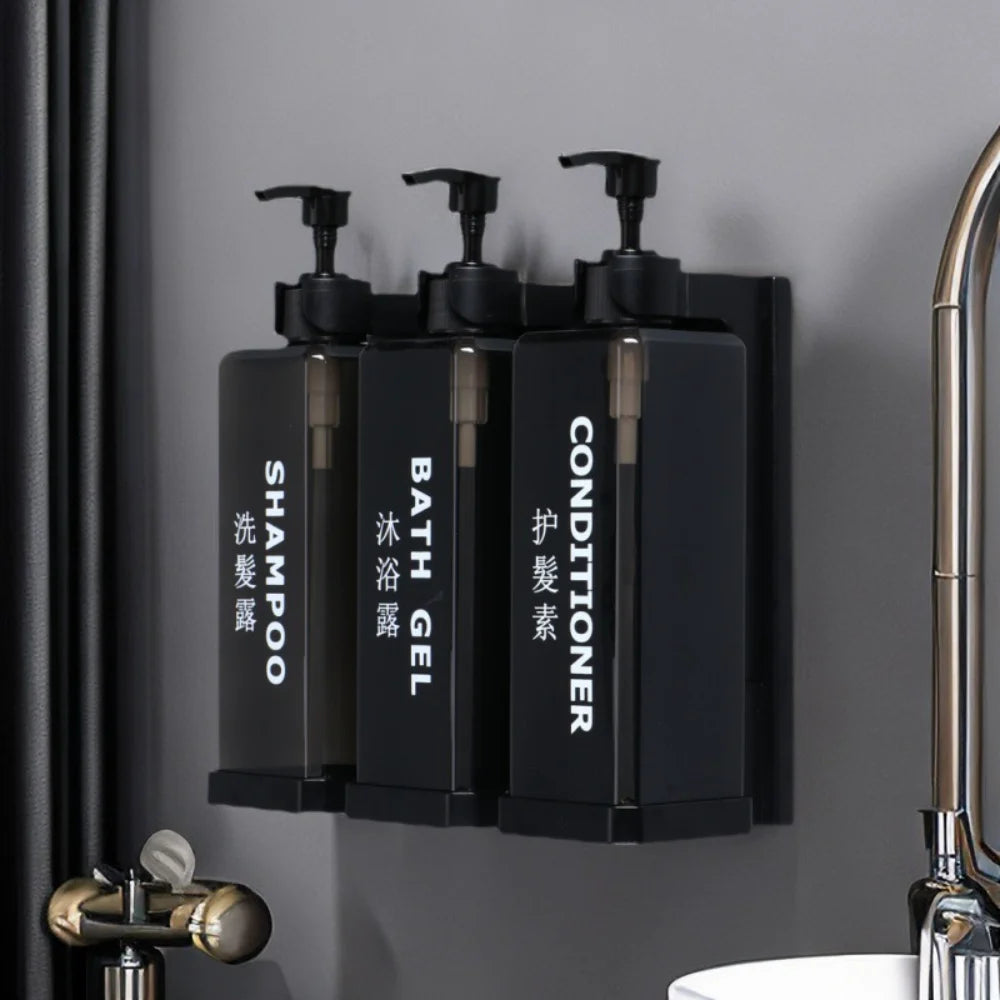 Wall-mounted hotel shampoo and shower gel bottles with manual soap dispensers and hand sanitizer boxes, no punching required.