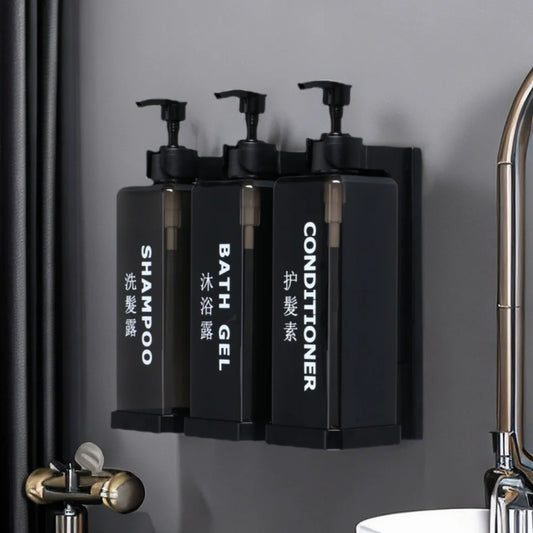 Wall-mounted hotel shampoo and shower gel bottles with manual soap dispensers and hand sanitizer boxes, no punching required.