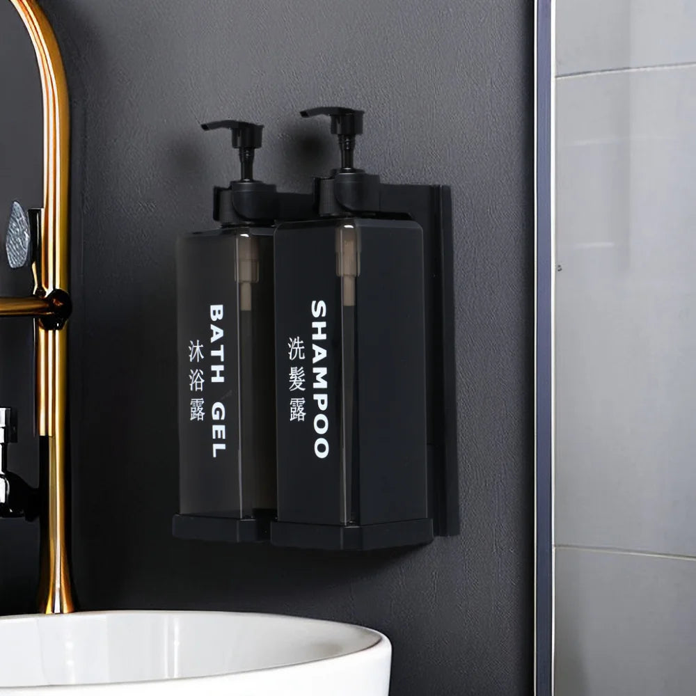 Wall-mounted hotel shampoo and shower gel bottles with hand sanitizer and soap dispensers, no punching required, sleek bathroom setup.