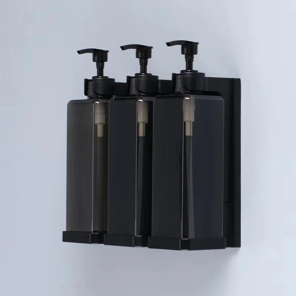 Wall-mounted hotel shampoo and shower gel bottles with hand sanitizer and soap dispensers, no punching required, by BackupMyFilesNow.com