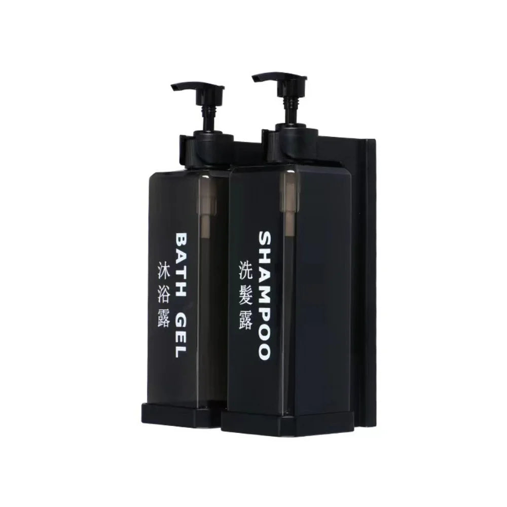 Wall-mounted hotel shampoo and shower gel bottles with manual soap dispensers and hand sanitizer boxes, no punching required.