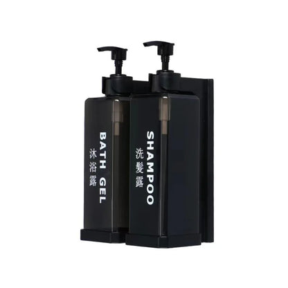Wall-mounted hotel shampoo and shower gel bottles with manual soap dispensers and hand sanitizer boxes, no punching required.